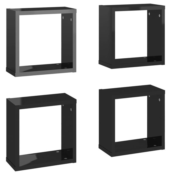 Rafturi de perete cub 4 piese negru extralucios 30x15x30 cm