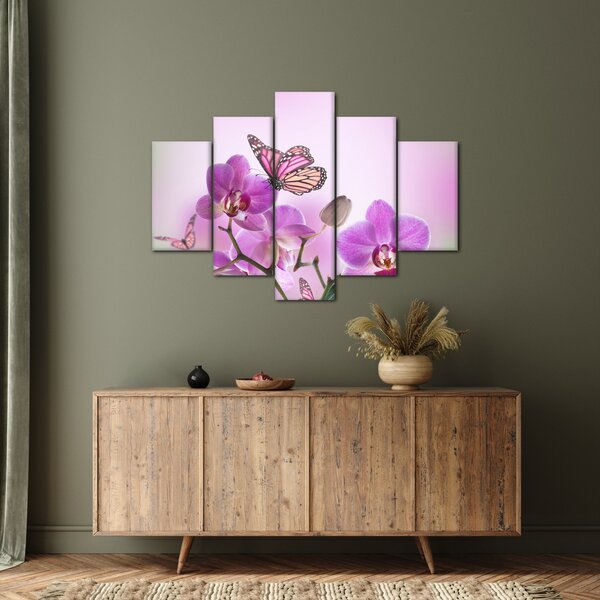 Tablou - Fluture pe flori de orhidee, liliac (150x105 cm)
