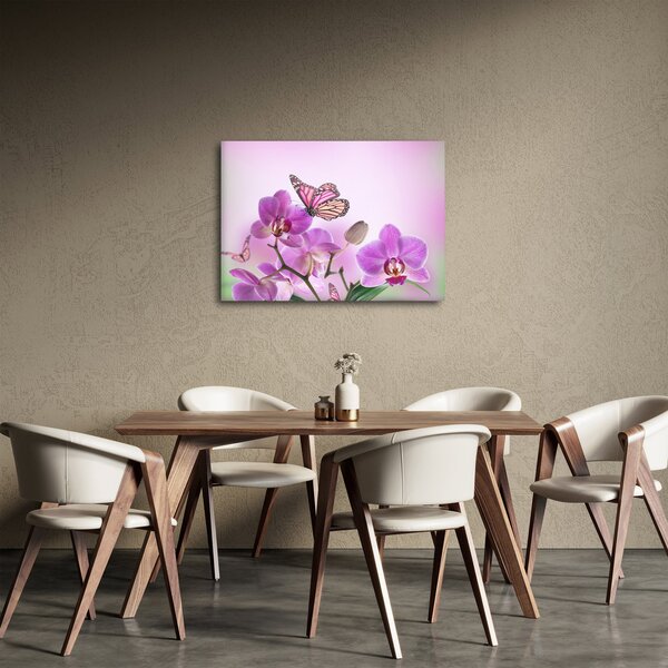Tablou - Fluture pe flori de orhidee, liliac (70x50 cm)