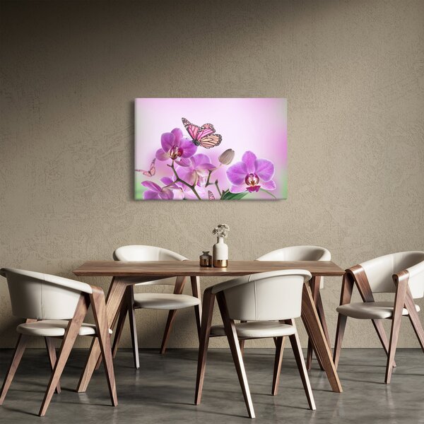 Tablou - Fluture pe flori de orhidee, liliac (90x60 cm)