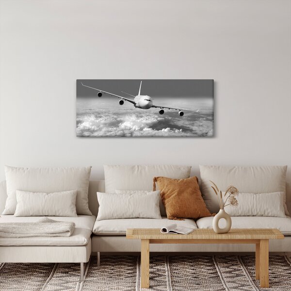 Tablou - Avion în nori, alb și negru (120x50 cm)