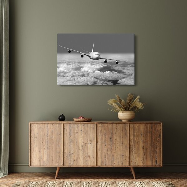 Tablou - Avion în nori, alb și negru (90x60 cm)