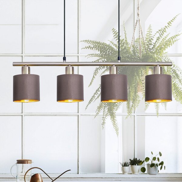 Näve Lampă susp. Maron, 4 becuri, textil, maro/auriu, reglabil, Maro / Rugină, Camera de zi / sufragerie, Metal