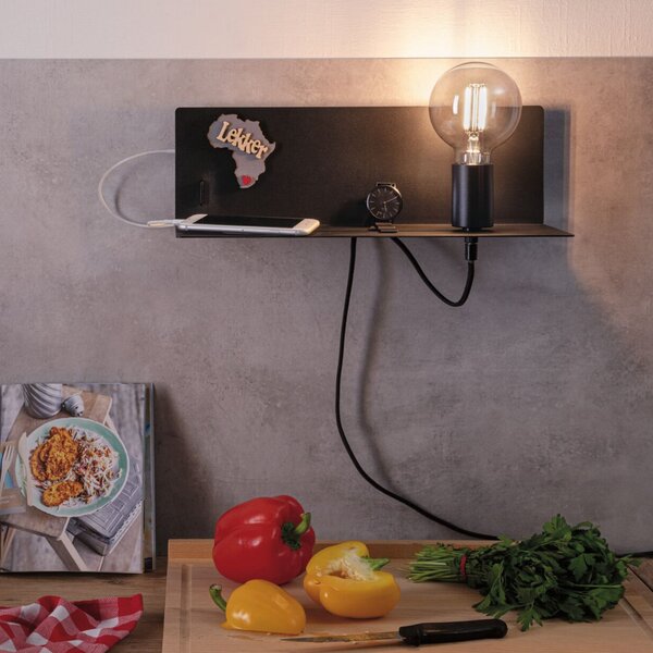 Paulmann Aplică de perete Devara, negru 40 cm E27 Port USB, reglabil, Negru, dormitor, Metal, Modern