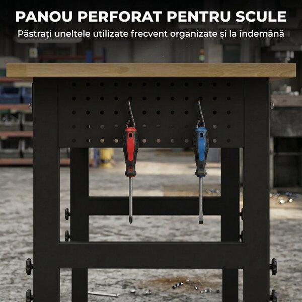 HOMCOM Masă de Lucru Reglabilă 122 cm, Blat Robust din Lemn de Cauciuc, 2 Prize AC și 2 Porturi USB, Panou Perforat, Capacitate 900 kg, pentru Garaj, Atelier și Casă | Aosom Romania