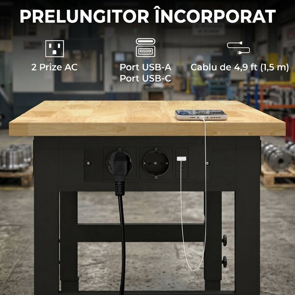 HOMCOM Masă de Lucru Reglabilă 122 cm, Blat Robust din Lemn de Cauciuc, 2 Prize AC și 2 Porturi USB, Panou Perforat, Capacitate 900 kg, pentru Garaj, Atelier și Casă | Aosom Romania