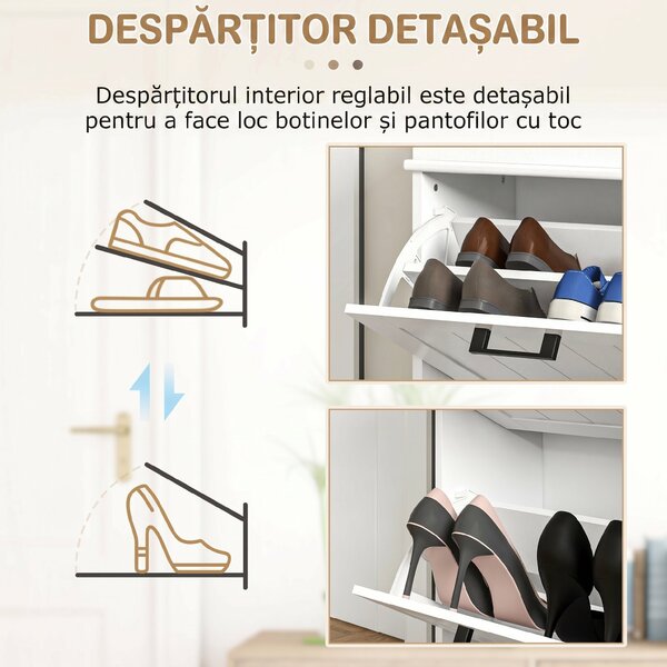 HOMCOM Dulap pentru Pantofi Spațios cu 2 Sertare Rabatabile pentru 10 Perechi de Pantofi, 54x24x82,5 cm, Alb | Aosom Romania