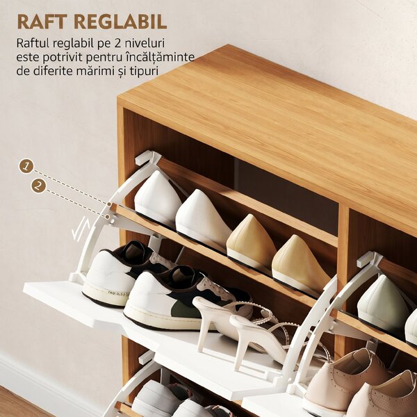 Dulap Pantofar Modern cu 4 Sertare Rabatabile si Raft Reglabil, Dulap Pantofar de Hol pentru 16 Perechi de Pantofi, Natur HOMCOM | Aosom Romania