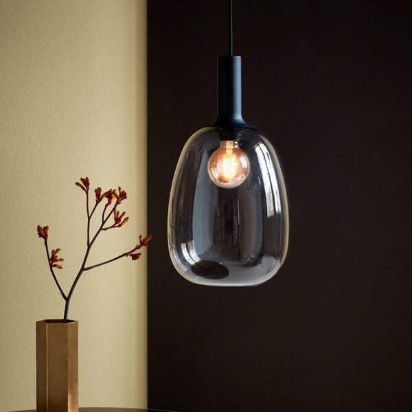 Nordlux Lampă suspendată Alton abajur sticlă gri fum Ø23cm, reglabil, Negru, Camera de zi / sufragerie, Sticlă, Modern
