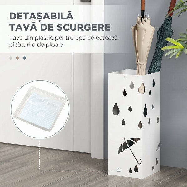 HOMCOM Suport pentru Umbrele din Metal cu 4 Cârlige, Suport pentru Umbrele cu Design Modern, 15,5x15,5x41 cm, Alb | Aosom Romania