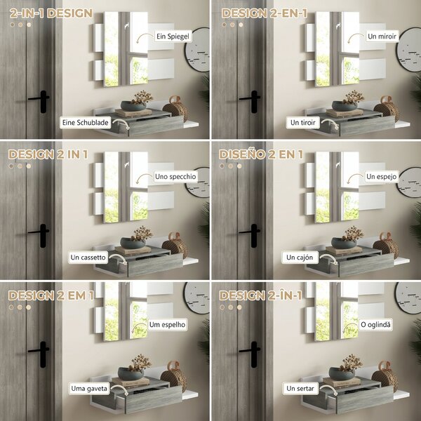 Mobilier de Intrare 2 in 1 cu Oglinda de Perete 75x3.5x75cm si Sertar 75x30.5x20cm, pentru hol, din MDF si Sticla, Gri-Alb HOMCOM | Aosom Romania