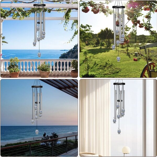 Clopotel de vant cu 5 tuburi sonore metalice argintii pentru casa sau gradina, model Feng-Shui cu bufnite