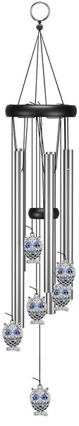 Clopotel de vant cu 5 tuburi sonore metalice argintii pentru casa sau gradina, model Feng-Shui cu bufnite