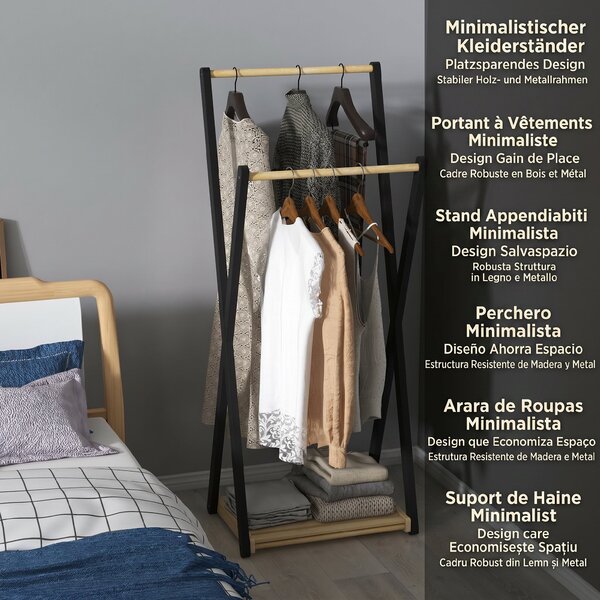 HOMCOM Cuier de Podea din Lemn cu 2 Bare, Suport pentru Haine Autoportant Modern cu Raft Inferior, 61x45x152 cm, Natural