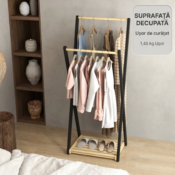 HOMCOM Cuier de Podea din Lemn cu 2 Bare, Suport pentru Haine Autoportant Modern cu Raft Inferior, 61x45x152 cm, Natural