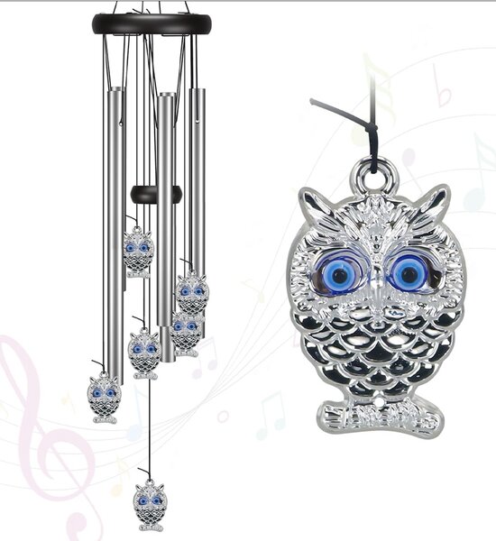 Clopotel de vant cu 5 tuburi sonore metalice argintii pentru casa sau gradina, model Feng-Shui cu bufnite
