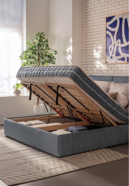 Pat matrimonial albastru tapițat cu spațiu de depozitare cu somieră 160x200 cm Thessa Pillow – Bonami Selection
