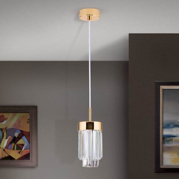 ORION Lampă susp LED Prism, sticlă cristal, Ø10cm, auriu, reglabil, Auriu / Alamă, Camera de zi / sufragerie, Cristal