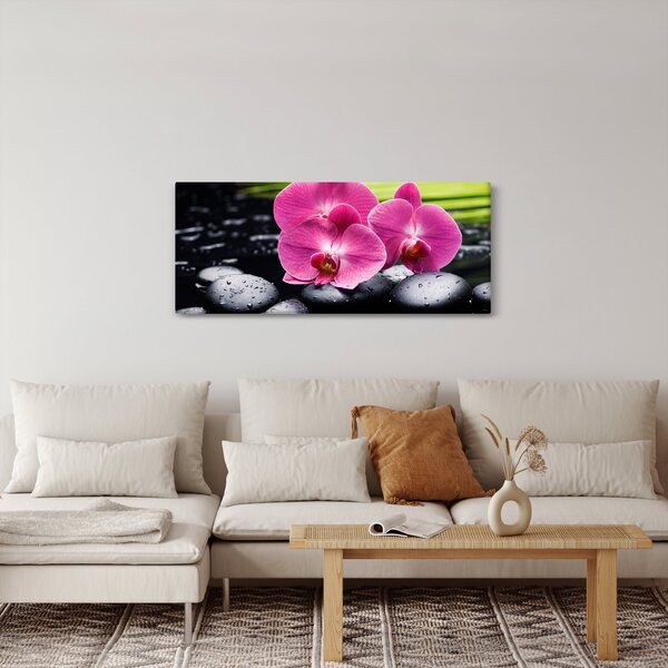 Tablou - Orhidee roz cu frunze de palmier (120x50 cm)