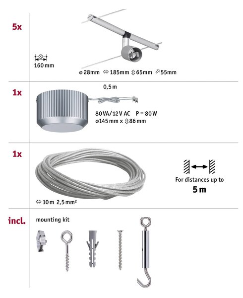 Paulmann Spice Salt sistem LED cabl. 5 becuri, 10m, Gri, Camera de zi / sufragerie, Metal, Modern