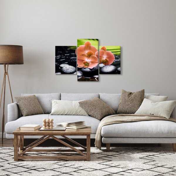 Tablou - Orhidee portocalie cu frunze de palmier (90x60 cm)