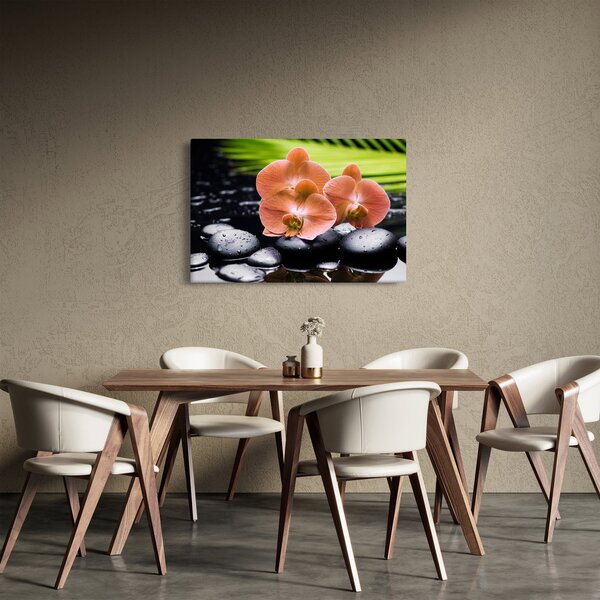 Tablou - Orhidee portocalie cu frunze de palmier (90x60 cm)
