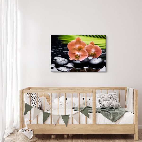 Tablou - Orhidee portocalie cu frunze de palmier (90x60 cm)