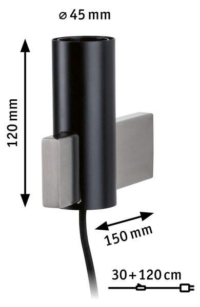 Paulmann Aik aplică de perete cu cablu și ștecher, Negru, Camera de zi / sufragerie, Metal, Modern