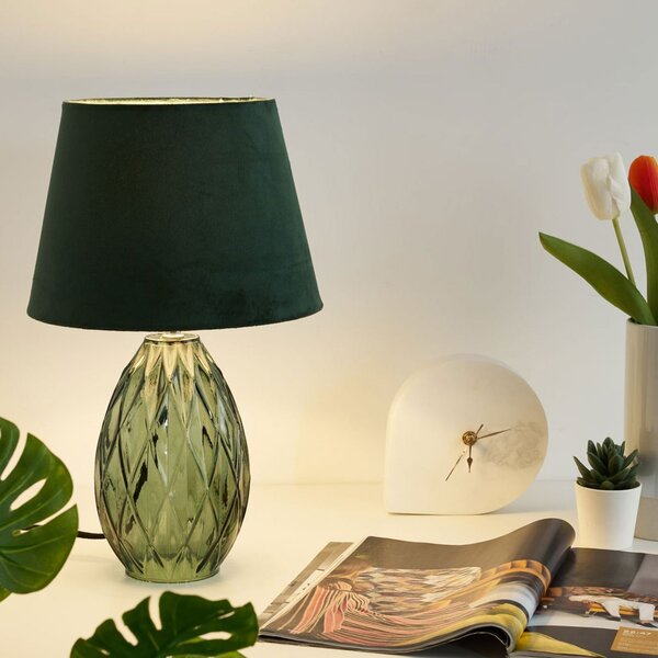 Pauleen Crystal Velvet lampă masă, picior sticlă, Verde, Camera de zi / sufragerie, Sticlă, Modern