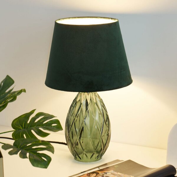 Pauleen Crystal Velvet lampă masă, picior sticlă, Verde, Camera de zi / sufragerie, Sticlă, Modern