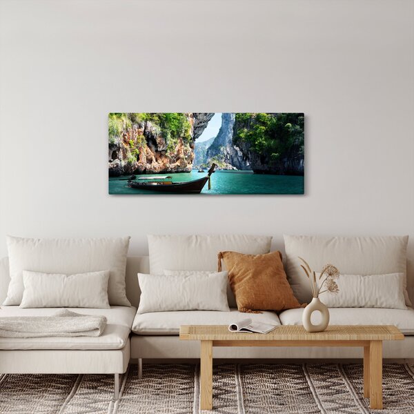 Tablou - Apă peisaj mediteranean cu barca (120x50 cm)