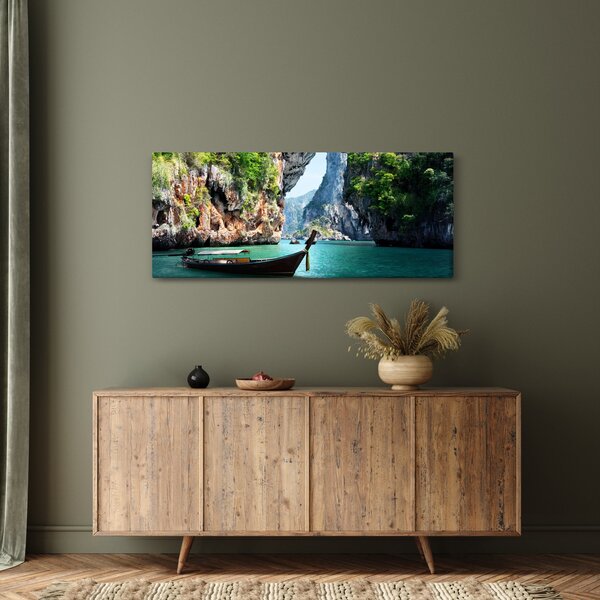 Tablou - Apă peisaj mediteranean cu barca (120x50 cm)