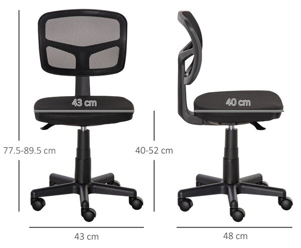Vinsetto Scaun Ergonomic de Birou din Plasă, Fără Cotiere, Înălțime Ajustabilă, Negru | Aosom Romania