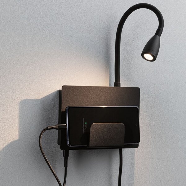 Lampă de perete Paulmann, Halina USB, Negru, dormitor, Metal, Modern