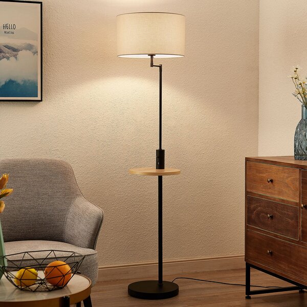 Lindby lampadar Zinia, negru, raft, conexiune USB, Negru, Camera de zi / sufragerie, Metal, Modern