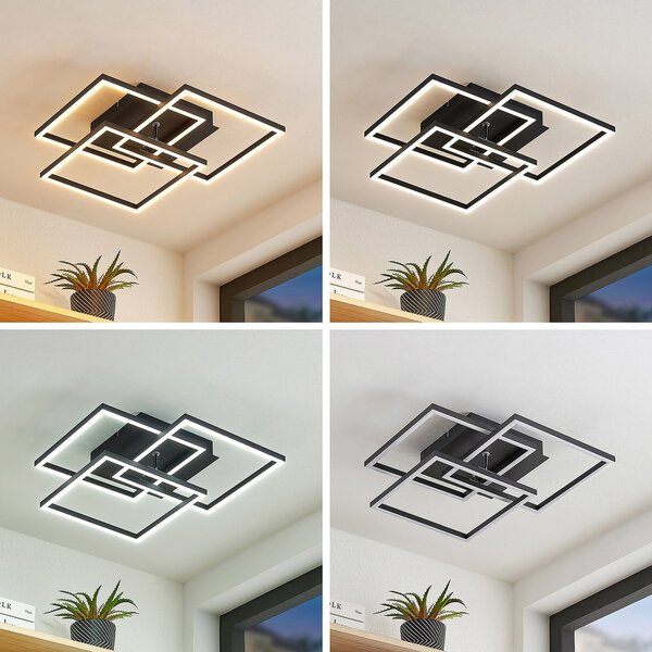 Lindby plafonieră LED Quiana, CCT, unghiulară, neagră, 42cm, reglabil, Negru, Camera de zi / sufragerie, Metal, Modern