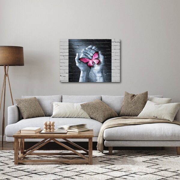 Tablou - Fluture roz în perete (70x50 cm)