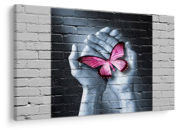 Tablou - Fluture roz în perete (90x60 cm)