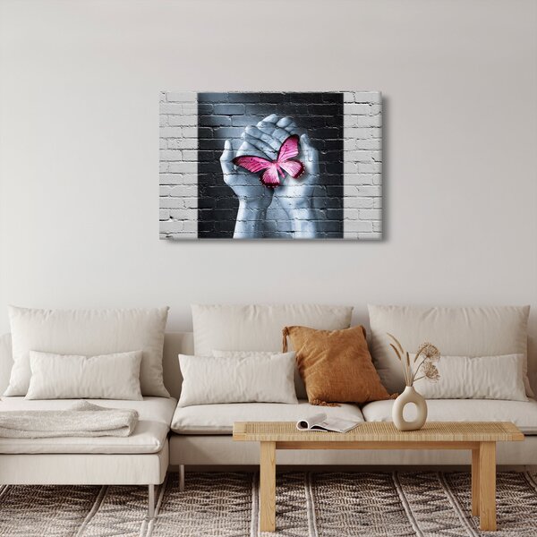 Tablou - Fluture roz în perete (90x60 cm)