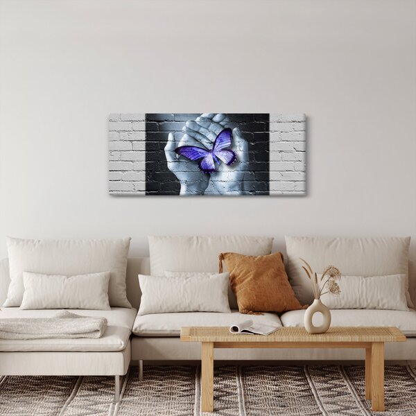 Tablou - Fluture violet pe perete (120x50 cm)