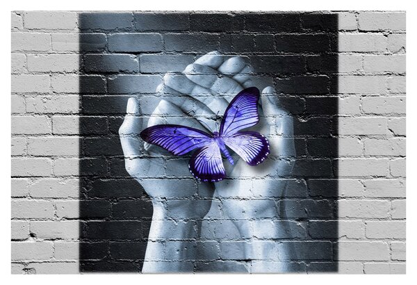 Tablou - Fluture violet pe perete (90x60 cm)
