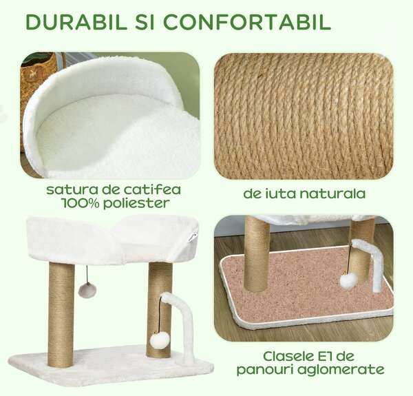 PawHut Turn de Joacă pentru Pisici, max 5kg, Stâlp de Zgâriat din Iută, Mingi Jucărie, Plus, 48x38x42cm, Galben-Alb | Aosom Romania