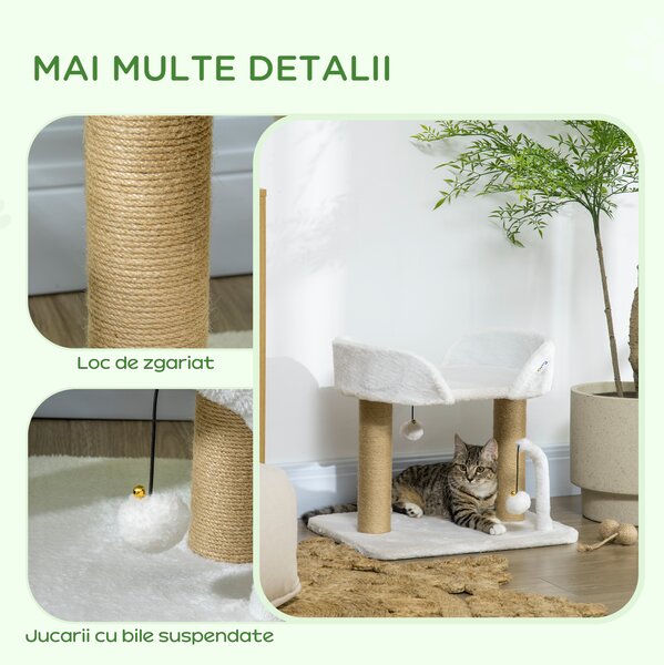 PawHut Turn de Joacă pentru Pisici, max 5kg, Stâlp de Zgâriat din Iută, Mingi Jucărie, Plus, 48x38x42cm, Galben-Alb | Aosom Romania