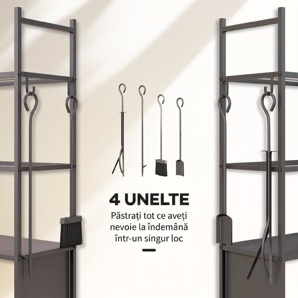 Outsunny Suport pentru Lemne de Foc de Interior și Exterior cu Roți și 4 Ustensile, cu Lopățică, Vătrai, Perie și Clește, Metal, 45 x 30 x 118 cm, Negru | Aosom Romania