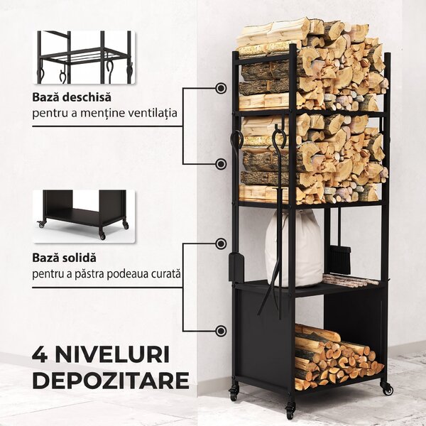 Outsunny Suport pentru Lemne de Foc de Interior și Exterior cu Roți și 4 Ustensile, cu Lopățică, Vătrai, Perie și Clește, Metal, 45 x 30 x 118 cm, Negru | Aosom Romania