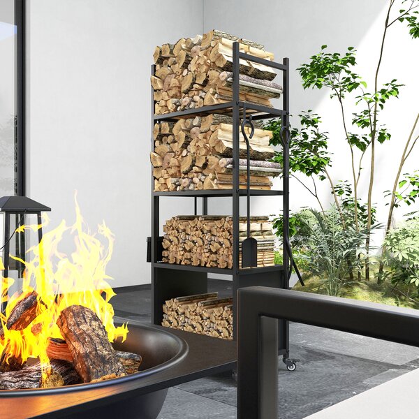 Outsunny Suport pentru Lemne de Foc de Interior și Exterior cu Roți și 4 Ustensile, cu Lopățică, Vătrai, Perie și Clește, Metal, 45 x 30 x 118 cm, Negru | Aosom Romania