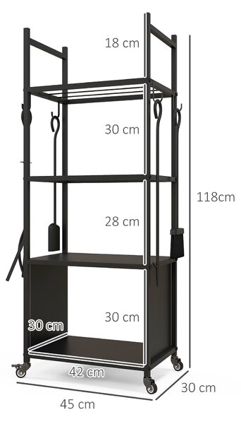 Outsunny Suport pentru Lemne de Foc de Interior și Exterior cu Roți și 4 Ustensile, cu Lopățică, Vătrai, Perie și Clește, Metal, 45 x 30 x 118 cm, Negru | Aosom Romania