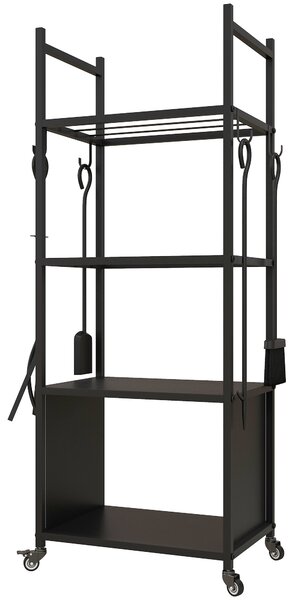 Outsunny Suport pentru Lemne de Foc de Interior și Exterior cu Roți și 4 Ustensile, cu Lopățică, Vătrai, Perie și Clește, Metal, 45 x 30 x 118 cm, Negru | Aosom Romania