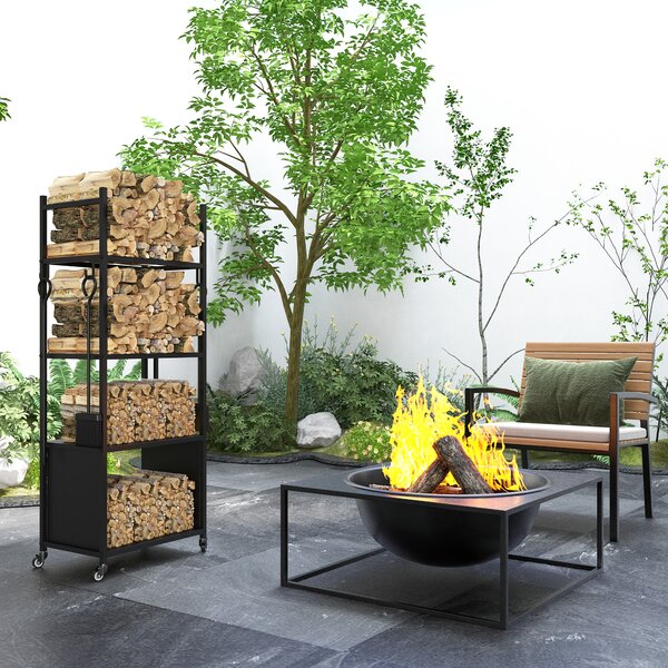 Outsunny Suport pentru Lemne de Foc de Interior și Exterior cu Roți și 4 Ustensile, cu Lopățică, Vătrai, Perie și Clește, Metal, 45 x 30 x 118 cm, Negru | Aosom Romania