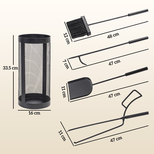 Outsunny Set Accesorii Șemineu 5 Piese Metal cu Coș Mătură Lopată Clești Negru | Aosom Romania